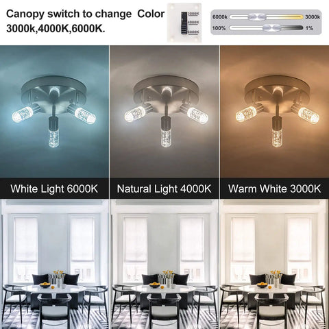 Four-Head Modern Track Lighting Kit with adjustable rotatable heads, flush mount, showing color temperature options 3000K, 4000K, 6000K