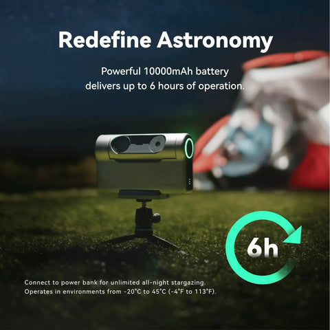 Ultra Light Portable Smart Telescope set up outdoors for astrophotography, showcasing 6-hour operation with backpack visible