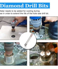 Luomorgo 12-piece diamond hole saw set; silver diamond-coated drill bit shown cutting glass and ceramic.