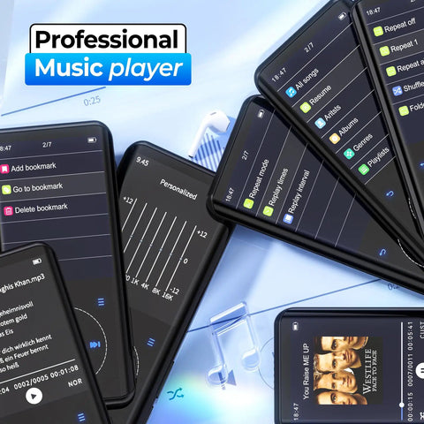 64GB Bluetooth 5.3 MP3 Player With Built In Speaker And 2.4 Inch Screen showing music playback options and album cover