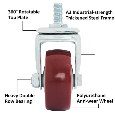 Beefy Heavy Duty 3 Inch Swivel Caster Wheels Set Of 4 With Half Inch Threaded Stem And One Inch Length Polyurethane Antiwear Casters