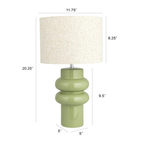 Stoneware Table Lamp In Celery Green With Linen Drum Shade Modern Boho Style Lighting For Living Room Or Bedroom Warm Soft Glow