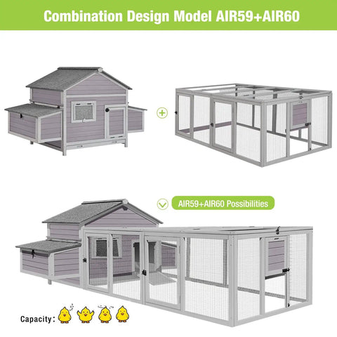 Outdoor Wooden Chicken Coop With Large Nesting Box, Expandable Run; combo design model AIR59+AIR60 for backyard use.