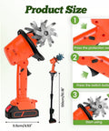 Cordless Mini Tiller With Five 1500mAh Batteries And Fast Charger, 235RPM, showing size and operating instructions.