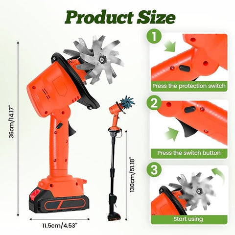 Cordless Mini Tiller With Five 1500mAh Batteries And Fast Charger, 235RPM, showing size and operating instructions.
