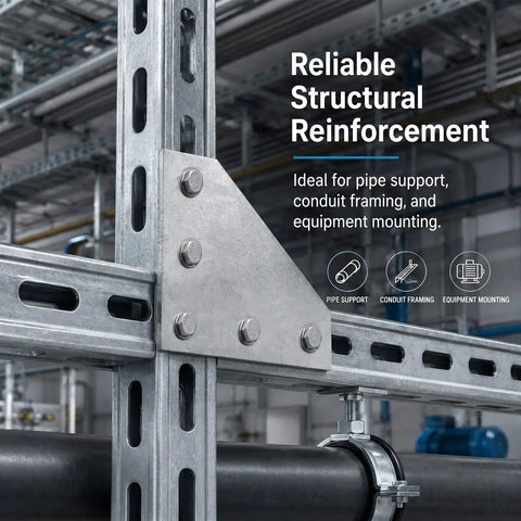 8 Pack 5-Hole Corner Gusset Plate for 1-5/8 Inch Strut Channel, structural reinforcement in industrial setting.