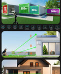 Pro Grade Dual Laser Measuring Tool ZC SG60 with Green Laser 393 Feet Bidirectional Range 196 Feet Unidirectional One Sixteenth Inch Accuracy Readings Time Saving Distance Meter for DIY Construction and Contract Jobs. Green laser distance meter shown measuring house areas.
