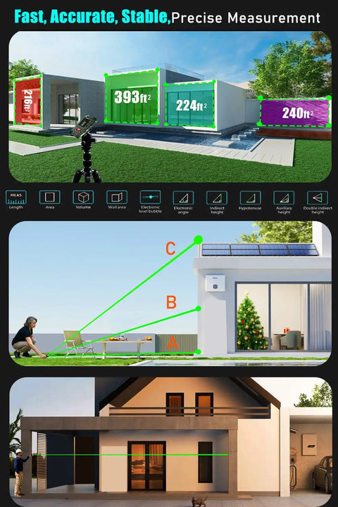 Pro Grade Dual Laser Measuring Tool ZC SG60 with Green Laser 393 Feet Bidirectional Range 196 Feet Unidirectional One Sixteenth Inch Accuracy Readings Time Saving Distance Meter for DIY Construction and Contract Jobs. Green laser distance meter shown measuring house areas.