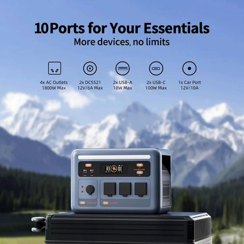 1024Wh Portable Power Station Delivers 1800W Continuous Power for Home Backup Camping RV Trips and Off Grid Adventures With Fast Recharging Durable Build and Multiple Outlets with mountain background