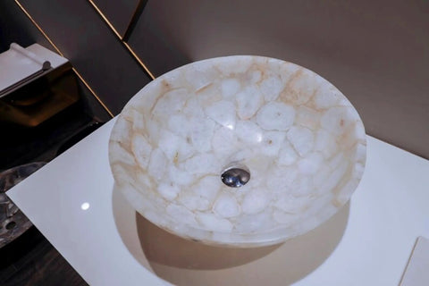 Absolutely Gorgeous White Quartz Vessel Sink With A Super Sleek Polished Glaze For Modern Counter Top Bathroom Vanities, 24 inch round basin.