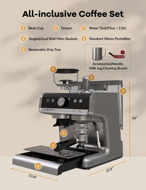 Detailed view of Daily Grind Fix 20 Bar Semi Automatic Espresso Machine With Built In Grinder And Milk Frother Steamer Light Gray.