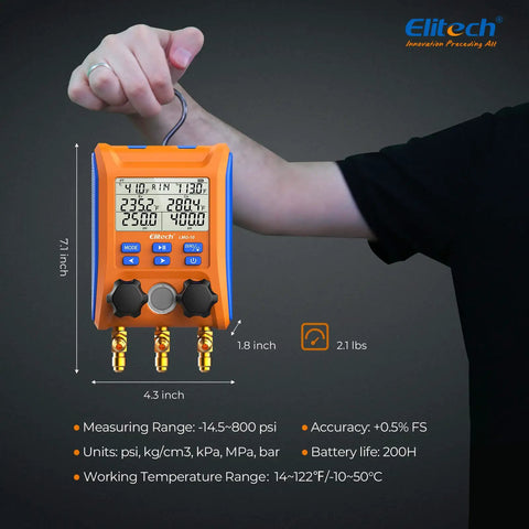 Digital HVAC Manifold Kit With Hoses And R410A Adapter, Pro Grade Pressure And Vacuum Tester For Quick Readouts, Leak Detection, And Accurate Diagnostics, Budget Friendly Tool For Technicians And DIYers; orange handheld unit, 4.3 x 7.1 in