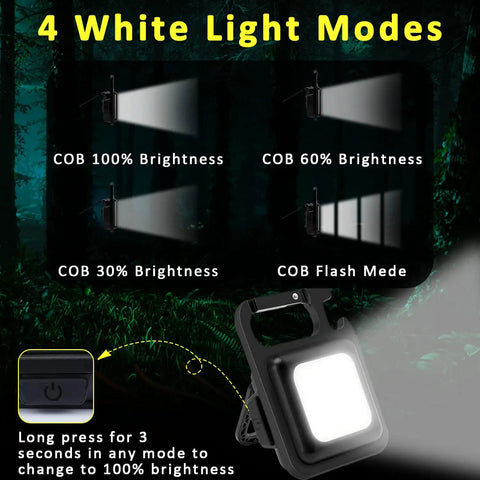 Rechargeable Keychain Flashlight 4 Pack With COB LED Ultra Bright Work Light Magnet Clip Bottle Opener showcasing 4 white light modes
