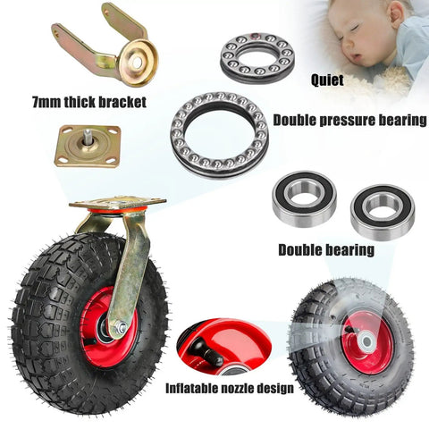 Rock Solid Heavy Duty Rubber Casters With Pneumatic Swivel Design Natural Shock Absorbing Wheels Built To Take A Beating On Industrial Grade Galvanized Steel Base Zero Hassle showing parts like 7mm thick bracket and double bearings.