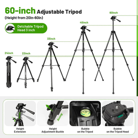 Self Leveling Laser Level With Tripod 60 Inch 360 Degree Green Horizontal Line And 140 Degree Vertical Line Two Plumb Dots Green Beam Laser Level For Construction And Home Use shown with adjustable tripod heights from 20 to 60 inches.