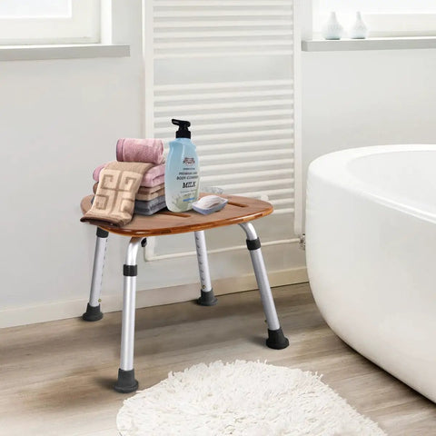 Bamboo Bath Seat For Shower And Tub Waterproof Slip Resistant Heavy Duty 350 Lb Capacity Triangular Fan Shape With Rubber Feet