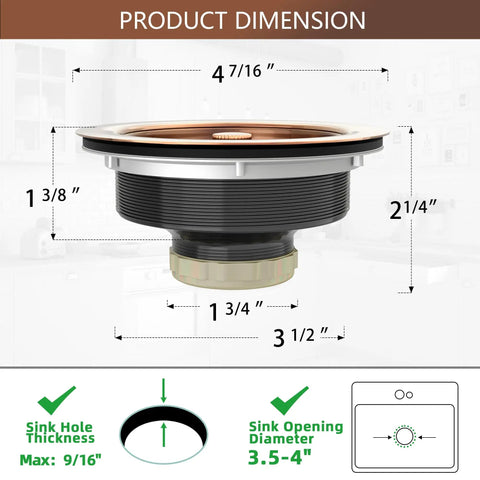 Dope Brass Kitchen Sink Drain Strainer Kit dimensions showing 3.5 inch universal fit and brushed gold finish details