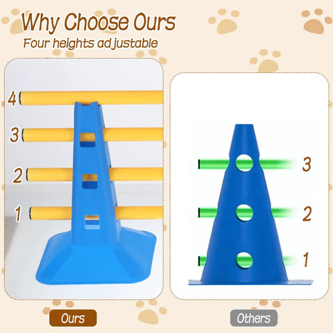 Comparison of Dog Agility Hurdle Cone Set For Backyard Training with adjustable heights and bars, showing different designs.
