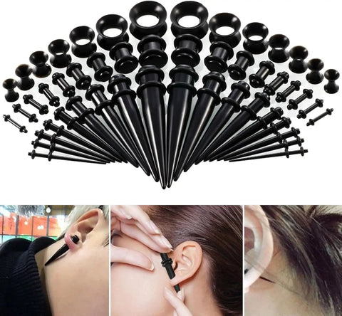 Complete 50 Piece Ear Stretching Kit 14G To 00G With Acrylic Tapers Plugs and Silicone Tunnels displayed and in use