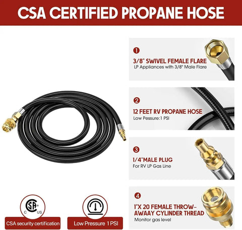 12 Foot Propane Quick Connect Hose For RV And Outdoor Grill Works With One Pound Disposable Cylinders And Portable Appliances