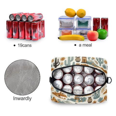 Western Desert Cooler Bag Insulated Lunch Tote 10L Leakproof Portable Lunch Box with 19 cans inside, showing foil insulation