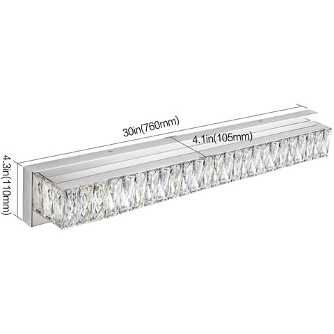 Modern Over Mirror Bathroom Light Fixture 30 Inch LED Vanity Bar Crystal Chrome Dope White Daylight 6000K Energy Efficient Easy Install Luxury Bath Lighting With Crystal Glass Diffusers, side view with dimensions.