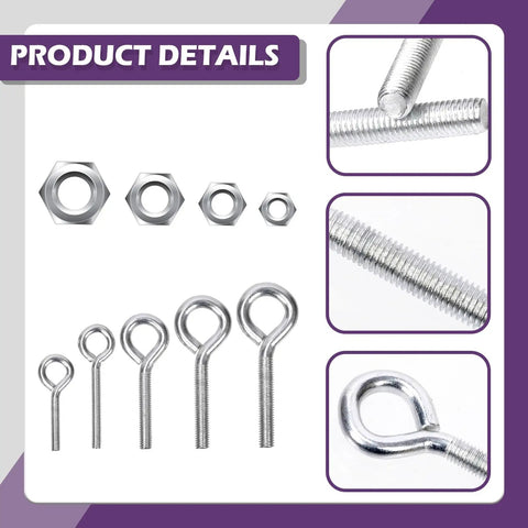 Carbon Steel Eye Bolt Screw And Nut Assortment Kit With Five Sizes 116 Pieces For Ornaments Toys Crafts Gifts And Hanging Objects From Walls Or Wooden Handles, eye bolts and nuts