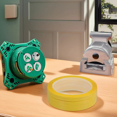 Four Pack Yellow Heat Resistant Paper Tape Featuring A Dang Tough Hold on a wooden surface with a grey tape dispenser.