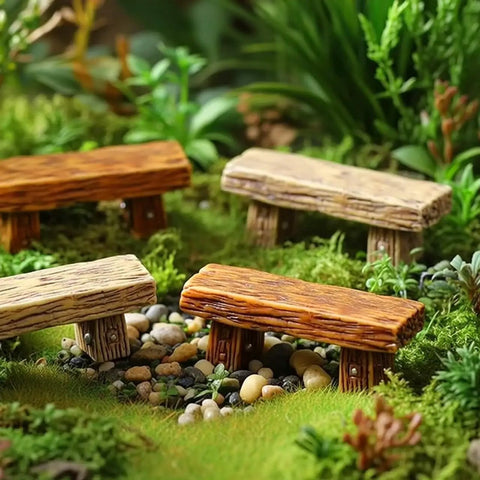 Miniature Bench Set Resin Faux Wood Six Piece for Crafts Micro Landscape Dollhouse and Fairy Garden Accessories 2.20 Inch Cute Tiny Outdoor Decor for DIY Projects displayed in a mossy fairy garden.