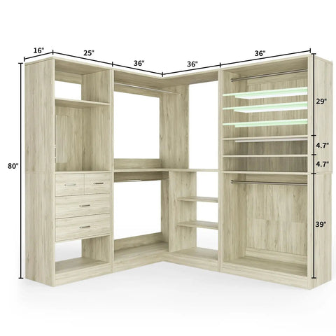 Hella Durable 97 Inch Modular Closet System With Four Hang Rods And Storage Bench 2500 Pound Heavy Duty White Oak dimensions 80x36x25 inches.