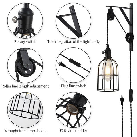 Industrial Pulley Wall Lights Set Of 2 With Iron Cage Farmhouse Sconce Lamps Plug In 15 Foot Cord And Switch Adjustable Hanging Wall Lights That Give Your Living Room Or Bedroom A Cool Rustic Farmhouse Vibe