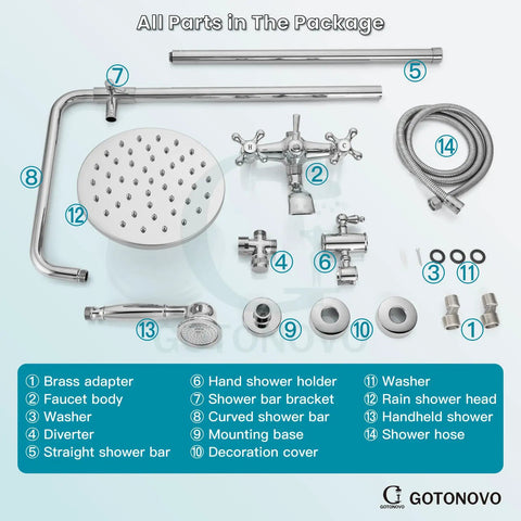 Eight Inch Rainfall Showerhead With Exposed Faucet Set 3 Function Shower System With Easy Install Tub Spout And Double Cross Handles Polished Chrome Finish Solid Brass Construction Rust Resistant Built To Last package contents