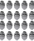 Twenty Pack 12 Inch Npt Liquid Tight Conduit Connectors Made From Heavy Duty Nylon, gray nylon fittings arranged in a grid.