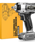 Ecarke 1/2 Inch Cordless Impact Wrench With Brushless Motor And Led Light, showcasing its design alongside packaging.