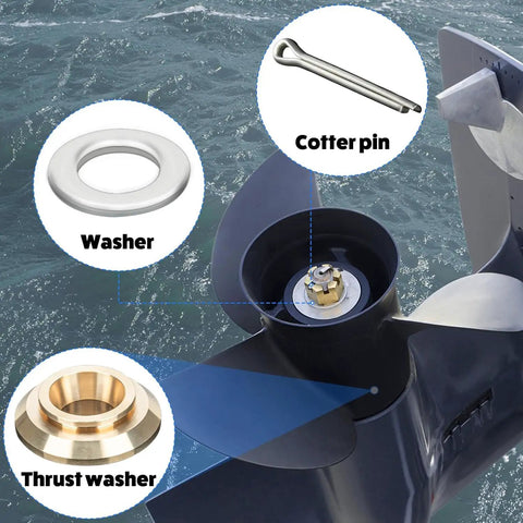 Marine Propeller Installation Hardware Kit For Yamaha Sixty To Eighty Five HP Outboard Motors With No Fuss Thrust Washer Spacer Washer Nut And Cotter Pin Included Four And Three Quarter Inch Gearcase Fifteen Spline Props Upgrade
