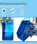 Heavy Duty Steel Self Dumping Hopper And Forklift Bin With Dual Brake Casters And Drain Valve, 2200 Lb Job Site Beast For Warehouse Hauling, Built Like A Tank To Slash Your Daily Grind, blue steel hopper with handles.
