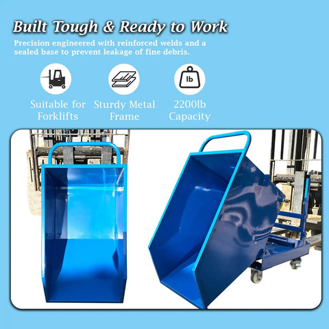 Heavy Duty Steel Self Dumping Hopper And Forklift Bin With Dual Brake Casters And Drain Valve, 2200 Lb Job Site Beast For Warehouse Hauling, Built Like A Tank To Slash Your Daily Grind, blue steel hopper with handles.