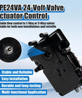 Side view of TPE24VA 24-Volt valve actuator control, black plastic housing with multiple ports (close-up inset)