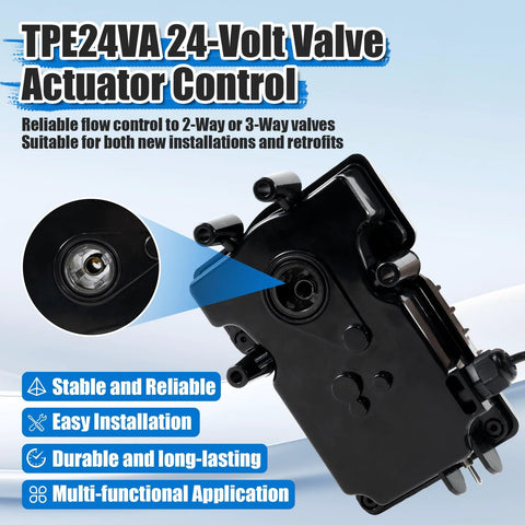 Side view of TPE24VA 24-Volt valve actuator control, black plastic housing with multiple ports (close-up inset)