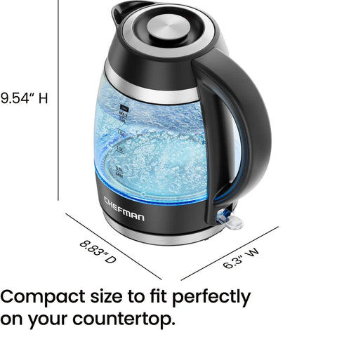 Fast 1.8L Electric Kettle 1500W for Quick Boil Tea Coffee with borosilicate glass, removable lid, auto shut off, compact design.