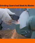 Top Shelf 8 Inch Bench Grinder Wheel With 80 Grit White Aluminum Oxide grinding quenched steel ax blades with sparks flying.