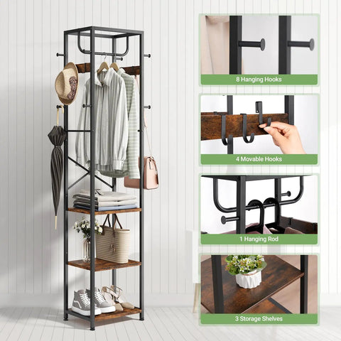 Freestanding Coat Rack With 3 Storage Shelves And 12 Hooks, Industrial Hall Tree Organizer, Rustic Brown Finish, clothes hanging