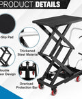 Product details of Heavy Duty Hydraulic Lift Table Cart With 770 Lbs Load Capacity And 50 Inch Height highlighting thickened steel and anti-slip features.