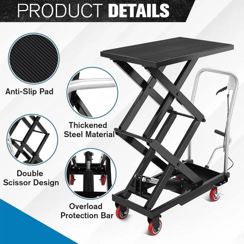 Product details of Heavy Duty Hydraulic Lift Table Cart With 770 Lbs Load Capacity And 50 Inch Height highlighting thickened steel and anti-slip features.