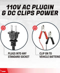 110V AC plug and DC clip connectors for Heavy Duty Electric Fuel Transfer Pump for 15 To 55 Gallon Drums 3.3 Gpm Flow.