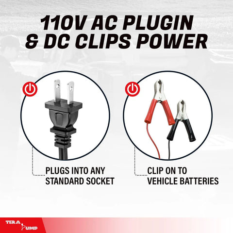 110V AC plug and DC clip connectors for Heavy Duty Electric Fuel Transfer Pump for 15 To 55 Gallon Drums 3.3 Gpm Flow.