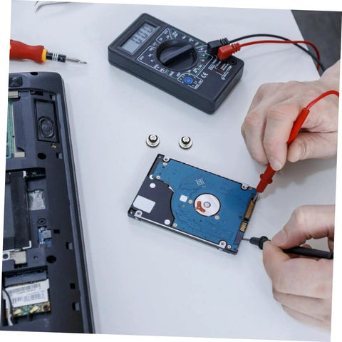Ten Pack Hella Secure Self Tapping PC Case Screws For SSD Drive Mounting And Motherboard Hardware Featuring Knockout Stability Quick Install. A technician tests an SSD drive with multimeter tools.