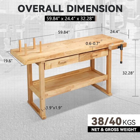 60 Inch Heavy Duty Wood Workbench With Storage, Adjustable Handle, 500 Lb Load Capacity, dimensions shown