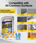 Self Leveling Concrete Crack Filler High Elasticity Waterproof Sealant 35.3 Oz Quick Dry DIY Outdoor Concrete Joint Repair Glue For Driveway Sidewalk Patio Garage Floor 2 Pack Gray with tools and compatible surface types shown including concrete, cement, asphalt, tile, brick, metal, wood.