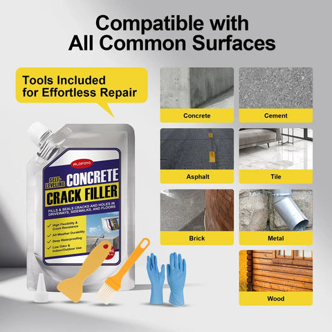Self Leveling Concrete Crack Filler High Elasticity Waterproof Sealant 35.3 Oz Quick Dry DIY Outdoor Concrete Joint Repair Glue For Driveway Sidewalk Patio Garage Floor 2 Pack Gray with tools and compatible surface types shown including concrete, cement, asphalt, tile, brick, metal, wood.